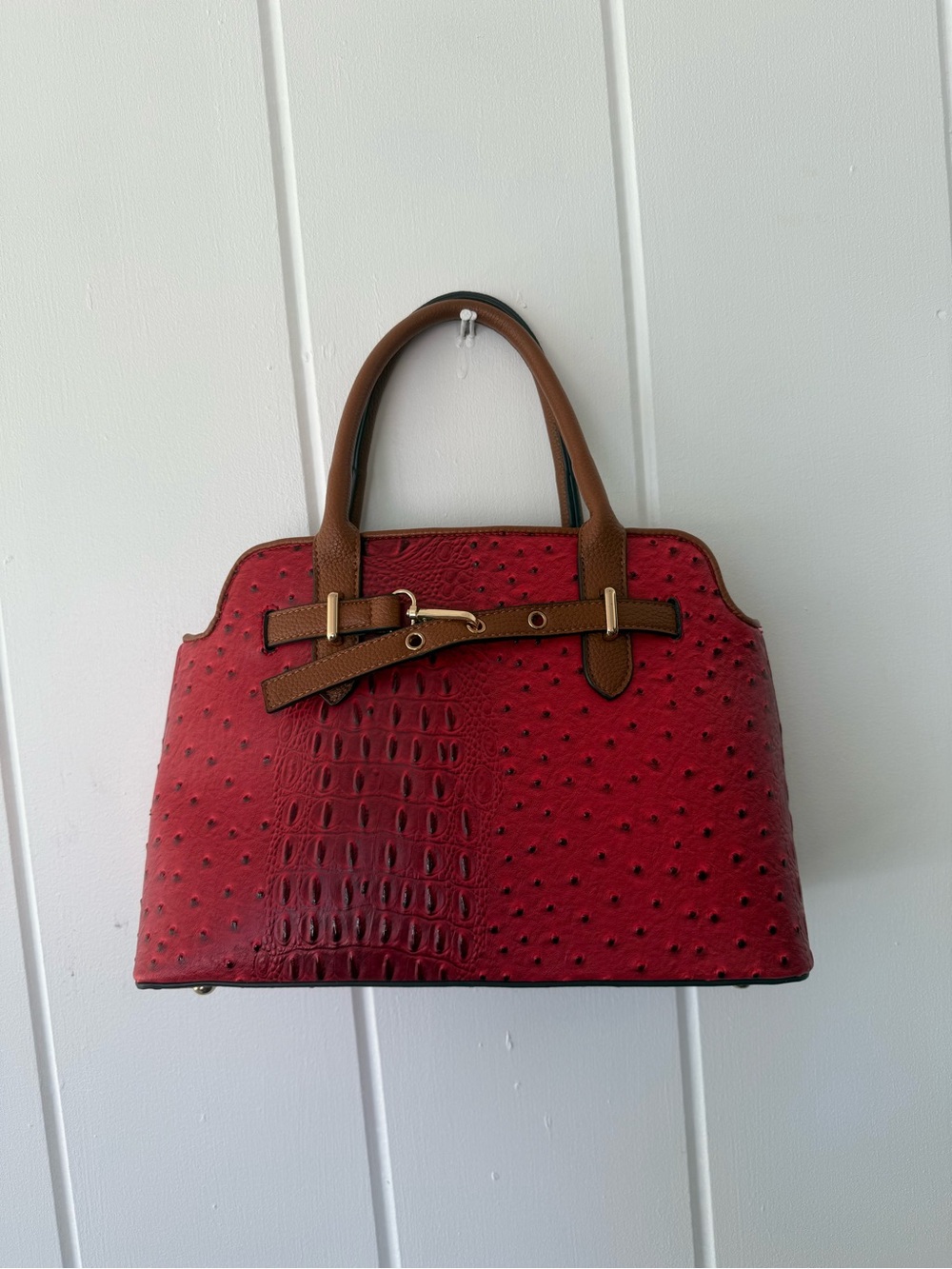 Versona Red Faux Ostrich & Croc Satchel with Brown Handles